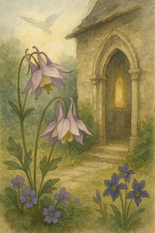 Columbine flowers in a medieval chapel garden, symbolizing the Holy Spirit and heartfelt devotion