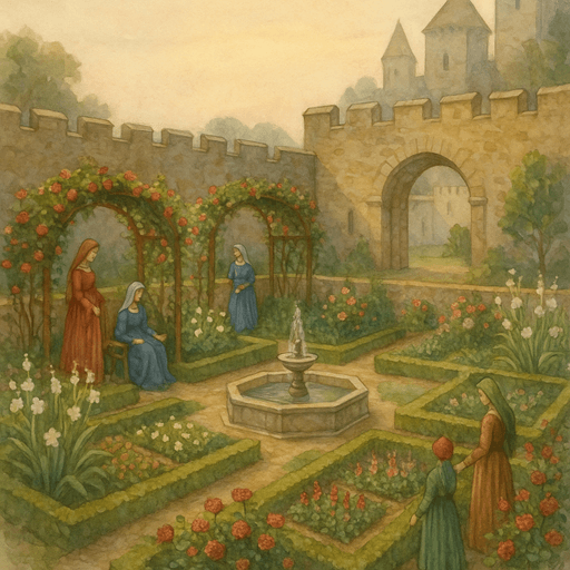 Enclosed medieval garden with a fountain, roses, and noblewomen symbolizing paradise and courtly life.
