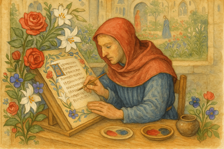 A medieval scribe illustrating flowers in a manuscript, symbolizing the union of art, faith, and nature.