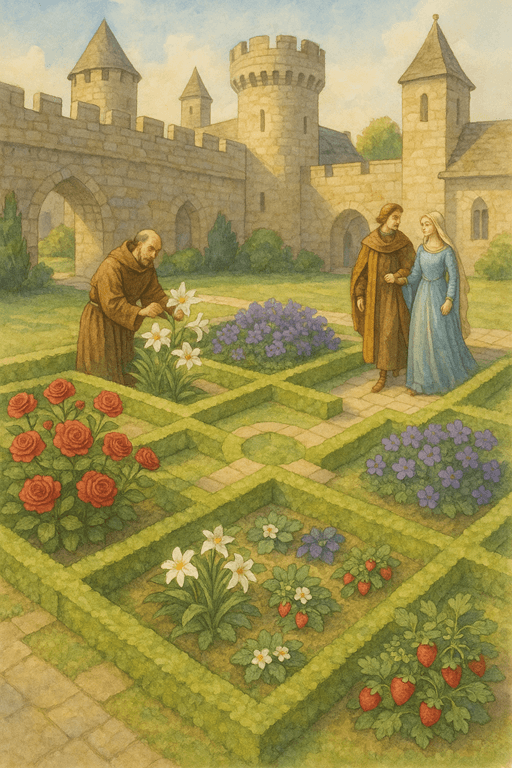 A symbolic medieval garden representing virtues like love, purity, humility, and virtue rewarded