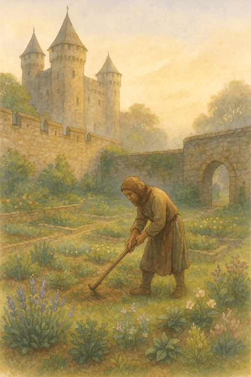 Medieval gardener tending a castle garden at dawn surrounded by herbs and flowers.