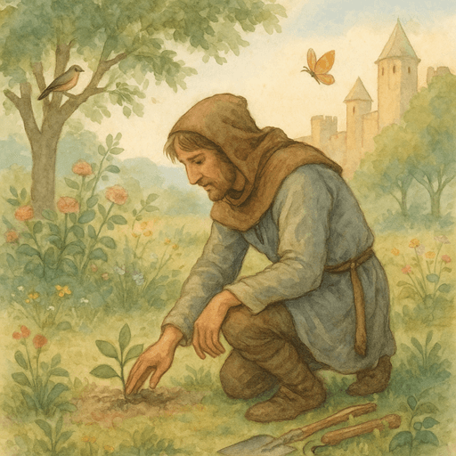 Medieval gardener working in harmony with nature surrounded by birds and flowers.