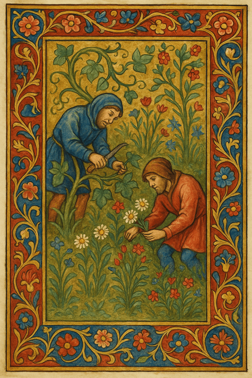 Medieval miniature painting of gardeners working among vines and flowers in illuminated manuscript style.