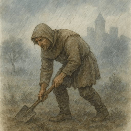 Medieval gardener laboring in harsh weather, showing the physical challenges of medieval gardening.