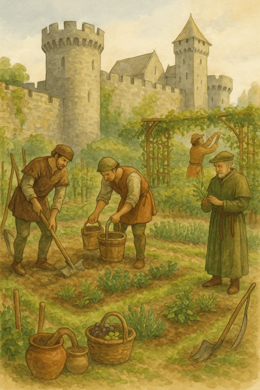 Medieval gardeners digging, watering, and trimming vines in a castle garden, with simple tools and earthy tones conveying dignity in labor.