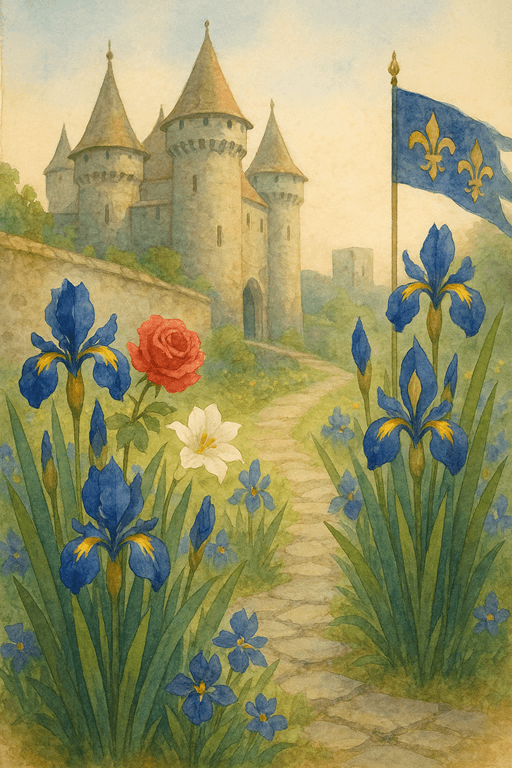 Irises or fleur-de-lis in a castle garden, symbolizing faith, sorrow, and royal authority.
