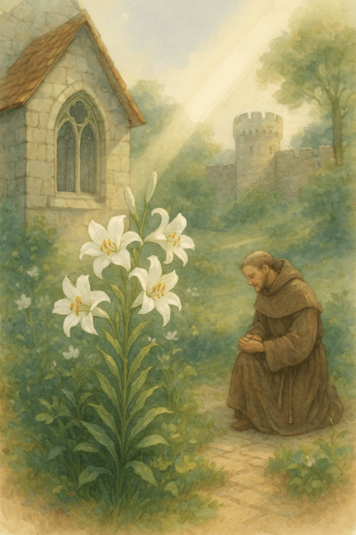 White lilies near a medieval chapel symbolizing purity, holiness, and divine grace.