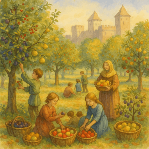 Medieval orchard with plums, cherries, quinces, and medlars being harvested near a castle