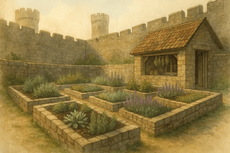 A medieval physic garden enclosed by low stone walls. Raised rectangular beds filled with herbs like sage, rosemary, and lavender. A small stillroom nearby with herbs drying from wooden beams.