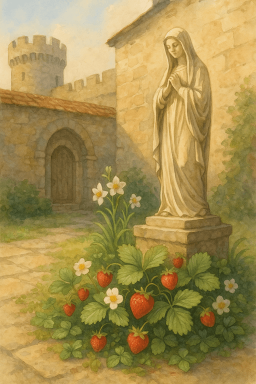Strawberry plants in a medieval courtyard symbolizing modesty and the sweet reward of virtue.