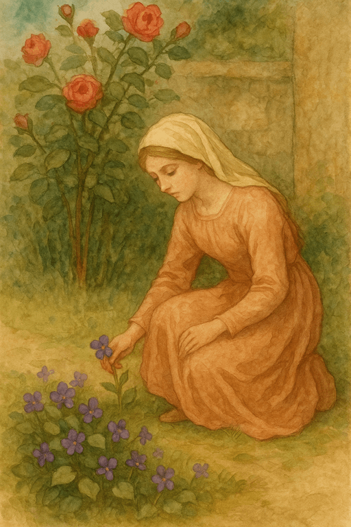 A maiden gathering violets in a medieval garden, symbolizing humility and modesty.