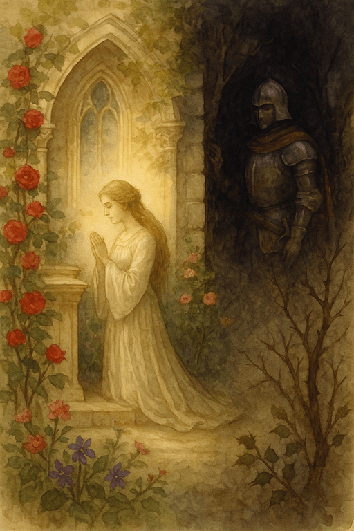 A lady praying in a garden while a knight watches from afar, reflecting virtue and temptation