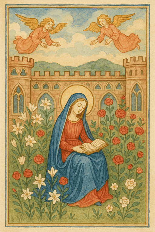 Medieval-inspired watercolor of the Virgin Mary in a walled garden filled with lilies and roses, representing purity and divine symbolism