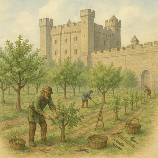 Medieval gardeners tending fruit trees outside castle walls, illustrating the role of orchards in daily castle life.