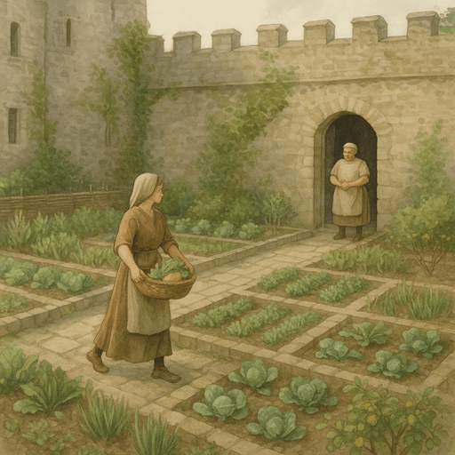 Servant carrying vegetables from a walled medieval kitchen garden to the castle kitchen.