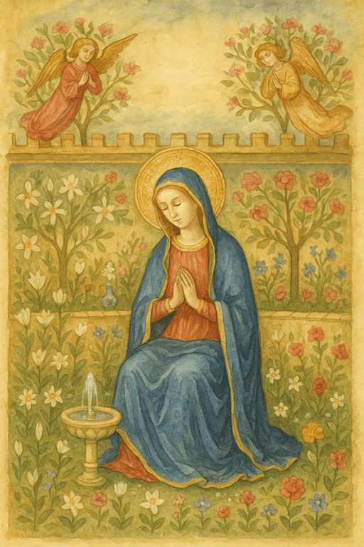 The Virgin Mary in an enclosed garden of lilies, roses, and a fountain symbolizing purity and divine grace.