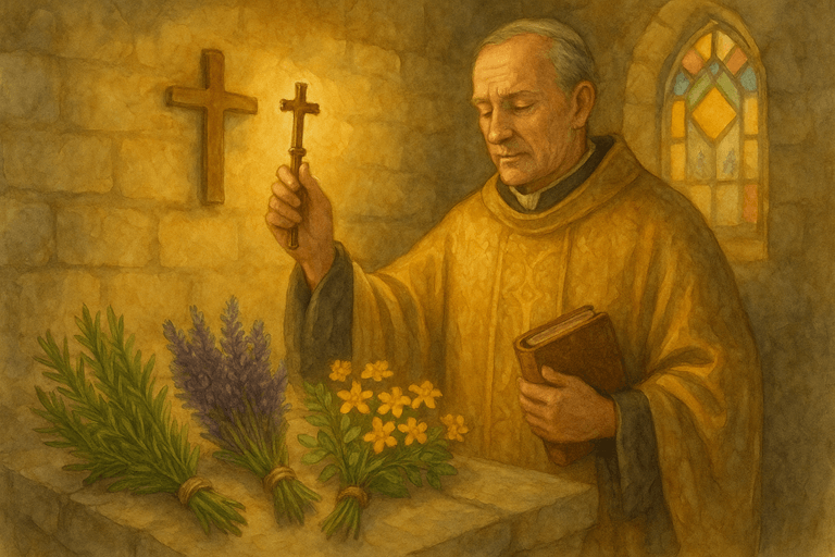 A priest blessing herbs like rosemary and lavender inside a medieval chapel, symbolizing faith and healing.