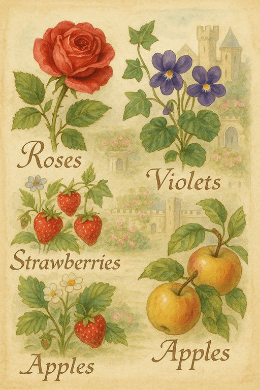 Watercolor of roses, violets, ivy, strawberries, and apples symbolizing medieval love and desire.