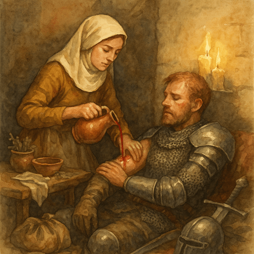 Medieval healer using wine to treat a wounded knight in a dim castle chamber