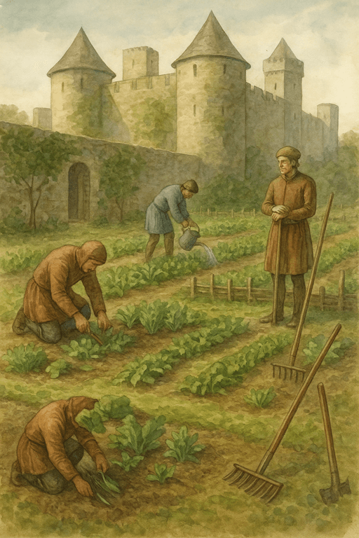 Medieval gardeners tending the castle kitchen garden with simple tools.